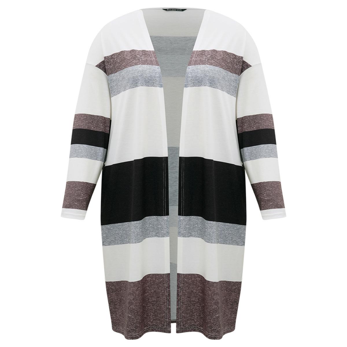 Plus Size Striped Contrast Pocket Open Front Kimono Women Multicolor Casual Contrast Loose Pocket Everyday Kimonos BloomChic 18-20/2X Product Image