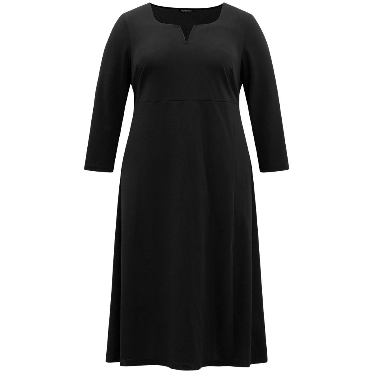 Plus Size Plain Notched Elastic Waist Split Hem Dress Black Women Glamour Plain Notched collar Long Sleeve Curvy Midi Dress BloomChic 12/L Product Image