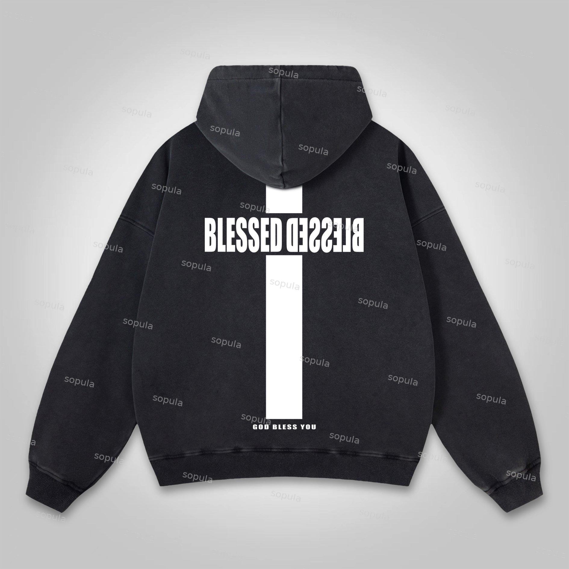 Sopula Vintage Blessed Cross God Bless You Graphic Washed Hoodie Product Image
