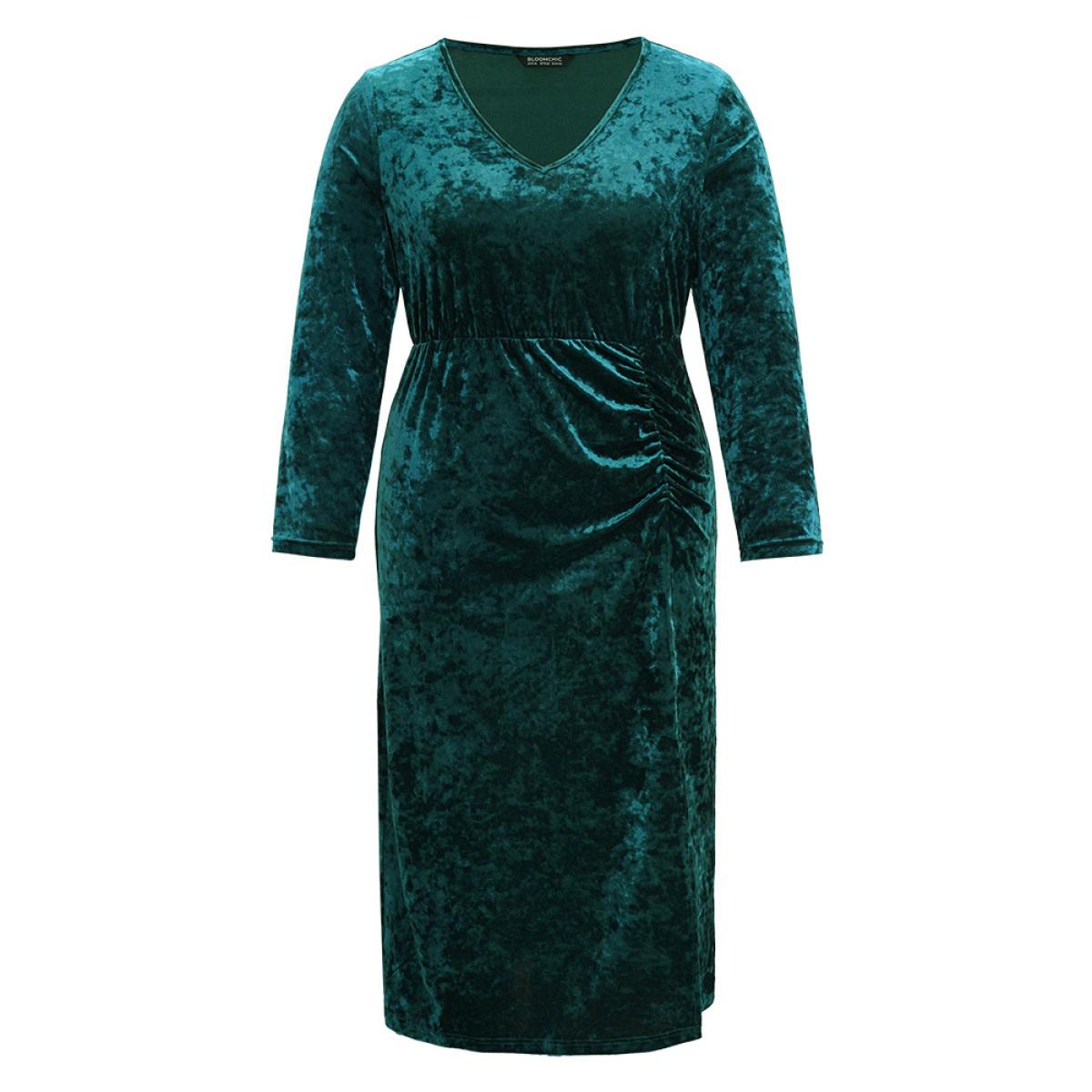 Plus Size Velvet Solid Ruched Long Sleeve Dress DarkGreen Women Glamour Gathered V-neck Long Sleeve Curvy Midi Dress BloomChic 18-20/2X Product Image
