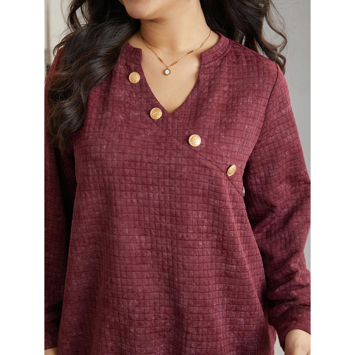 Plus Size Plain Textured Notched Button Detail Sweatshirt Women Burgundy Casual Texture Notched collar Dailywear Sweatshirts BloomChic 18-20/2X Product Image