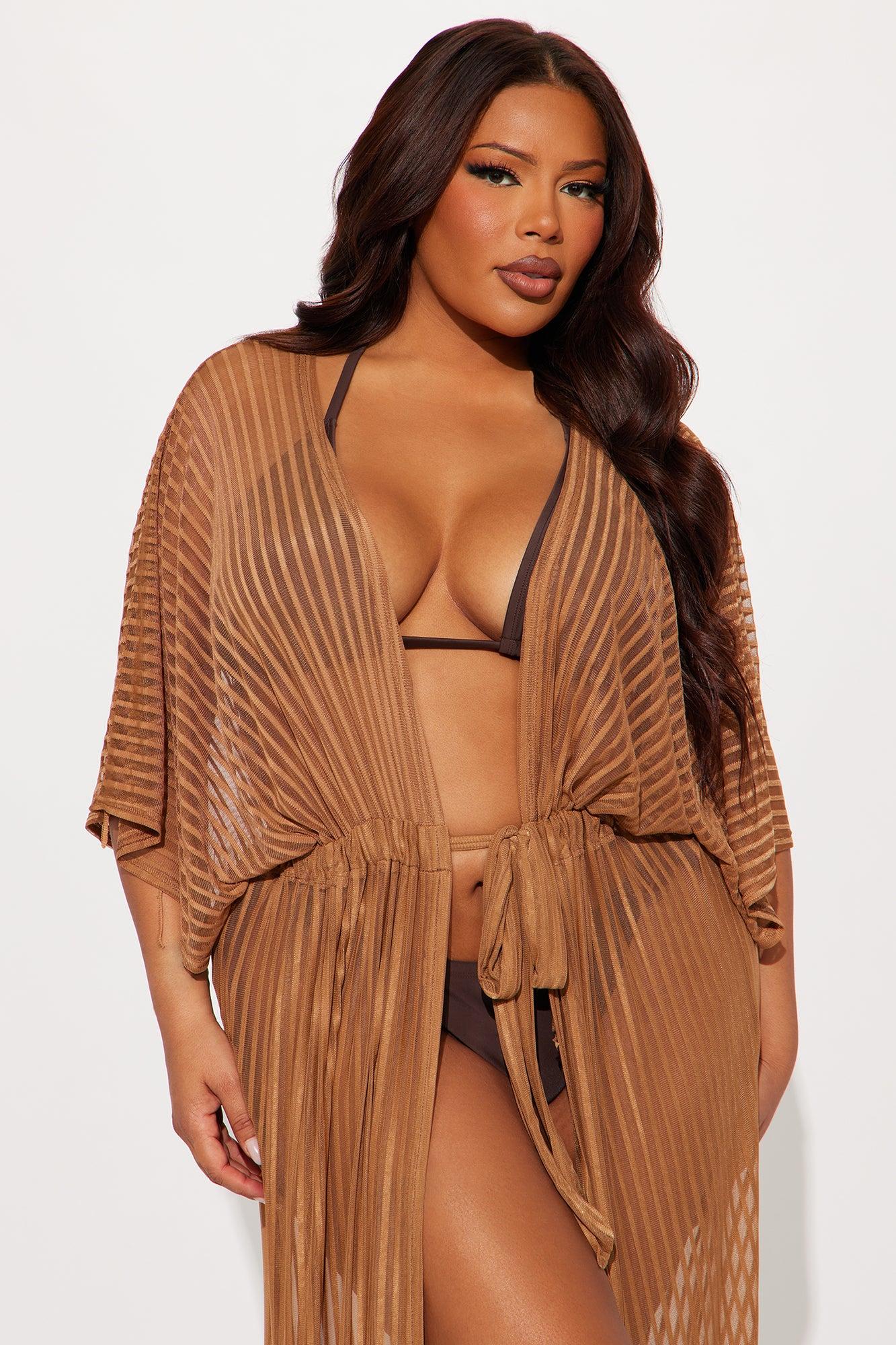 Beach Shade Stripe Cover Up Maxi Kimono - Mocha Product Image