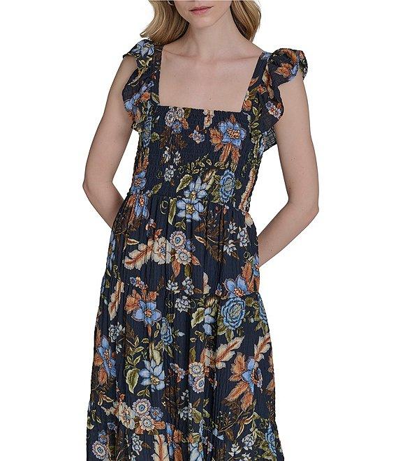 Vince Camuto Printed Square Neck Sleeveless Tiered Smocked Midi Dress Product Image
