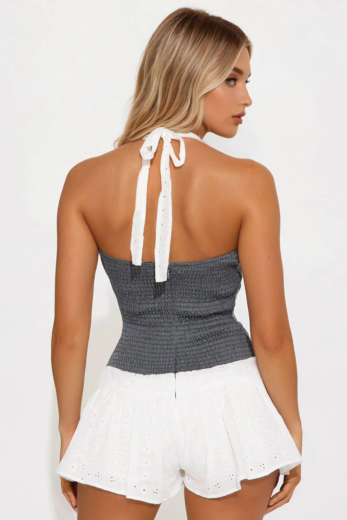 Snuck Away Eyelet Halter Romper - Grey/combo Product Image