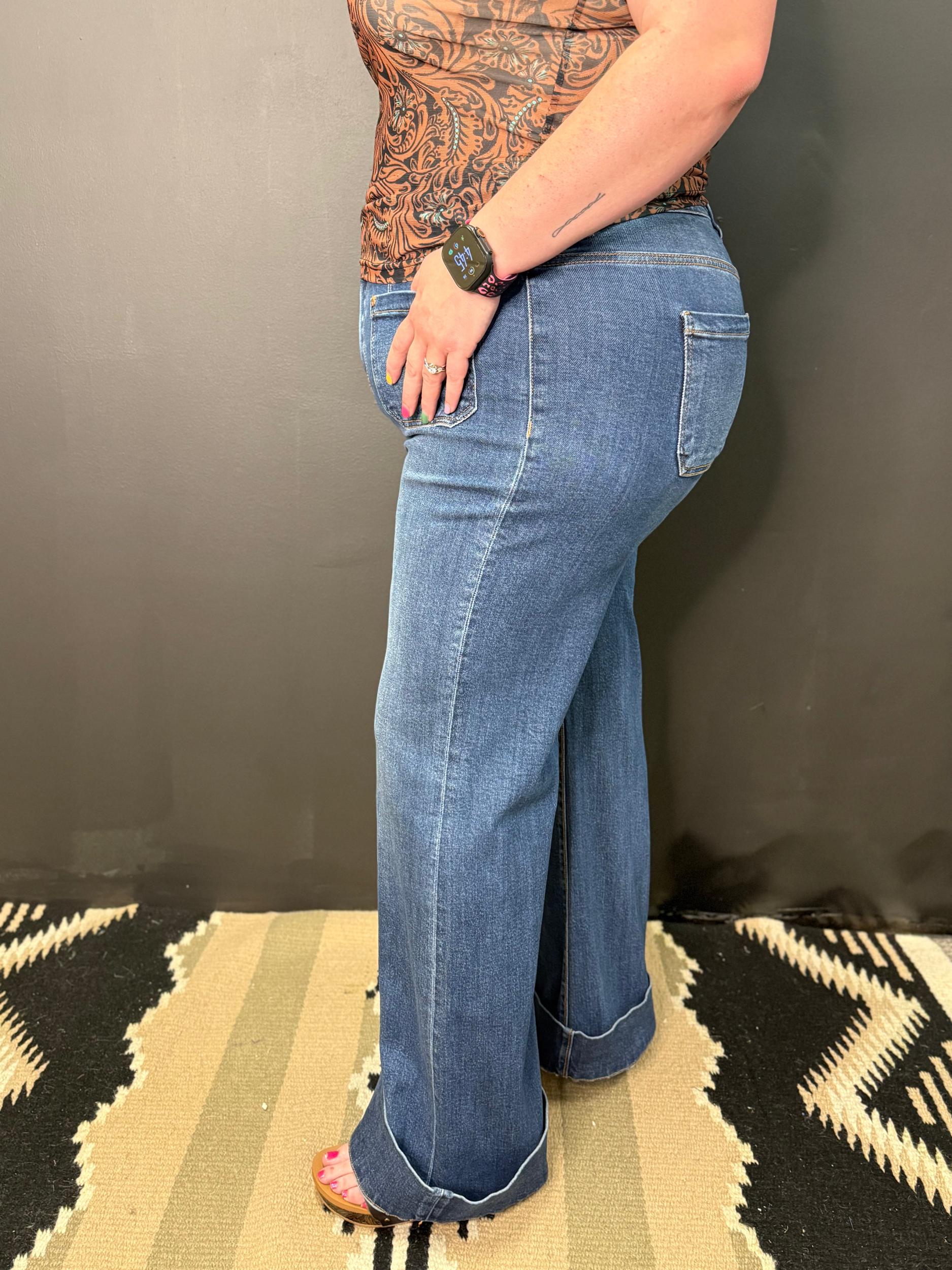 PLUS High Rise Wide Flare Patch Pocket Jeans Product Image