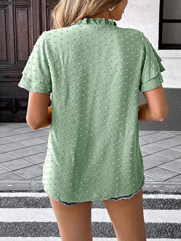 Loose Ruffle Sleeves Jacquard Pleated Solid Color V-Neck Blouses&Shirts Tops Product Image