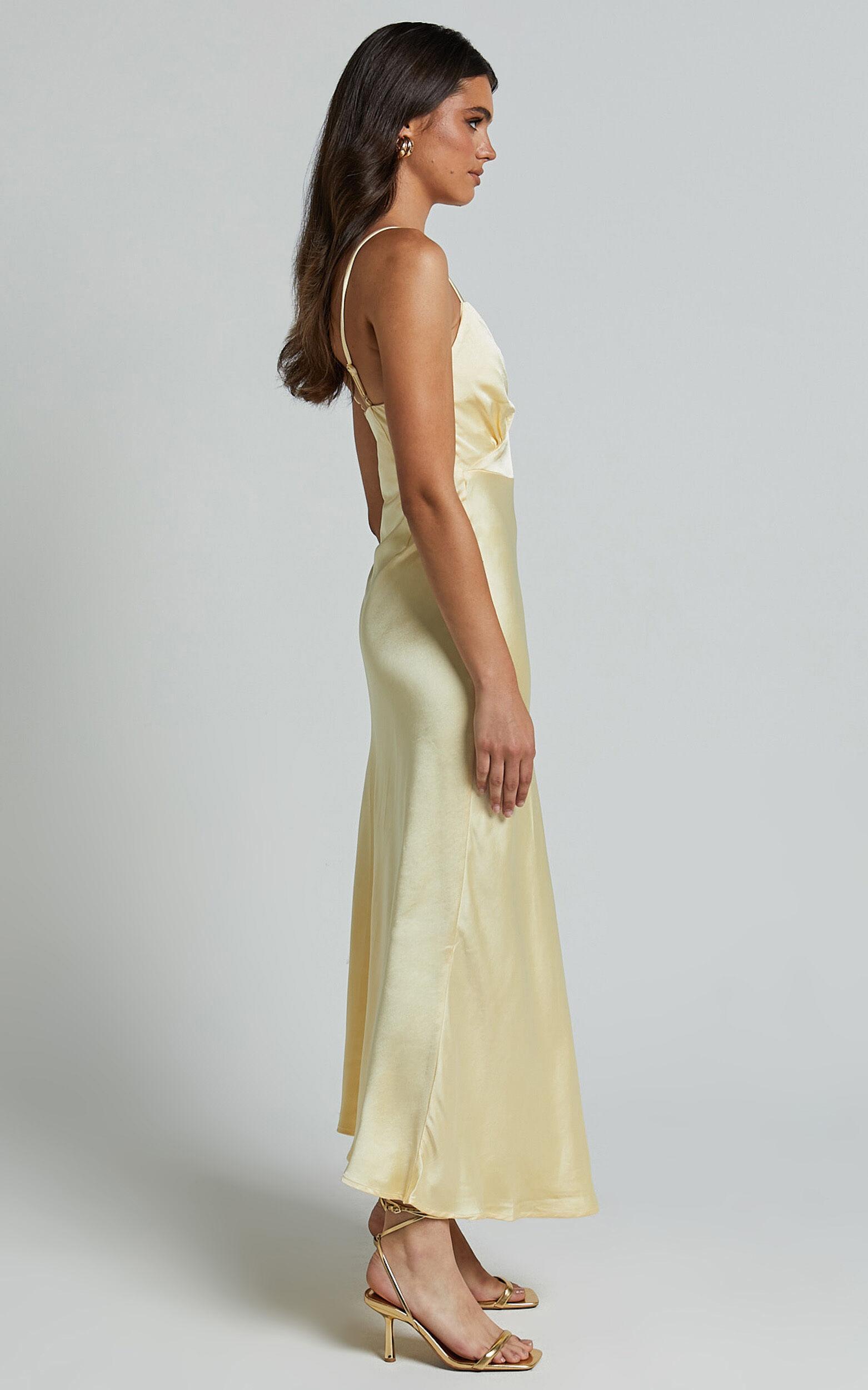 Lorenzia Maxi Dress - Plunge Corset Underbust Detail Satin Dress in Lemon Product Image