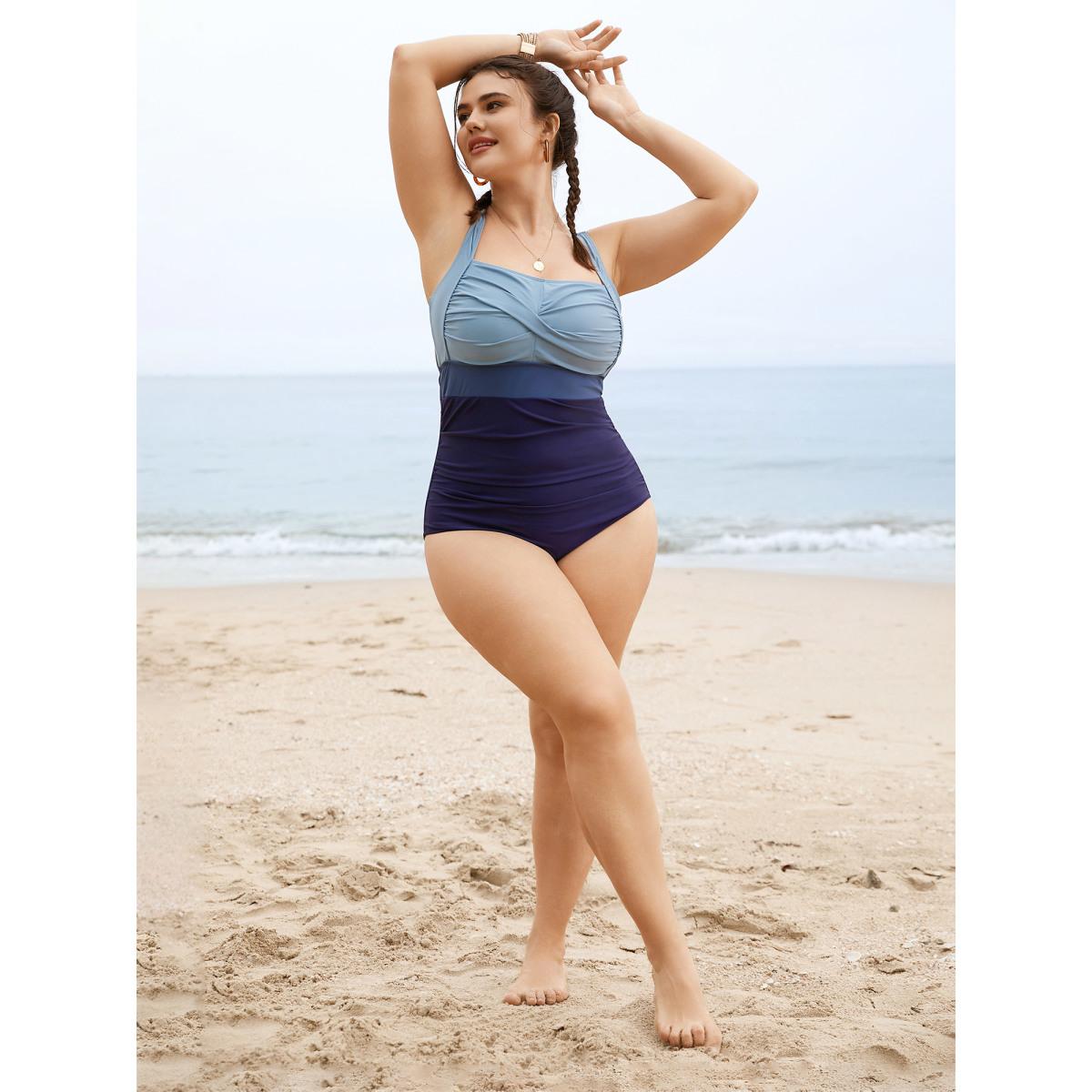 Plus Size Contrast Twist Front Tummy-Control One Piece Swimsuit Women's Swimwear Navy Resort Non Curve Bathing Suits High stretch One Pieces BloomChic 14-16/1X Product Image