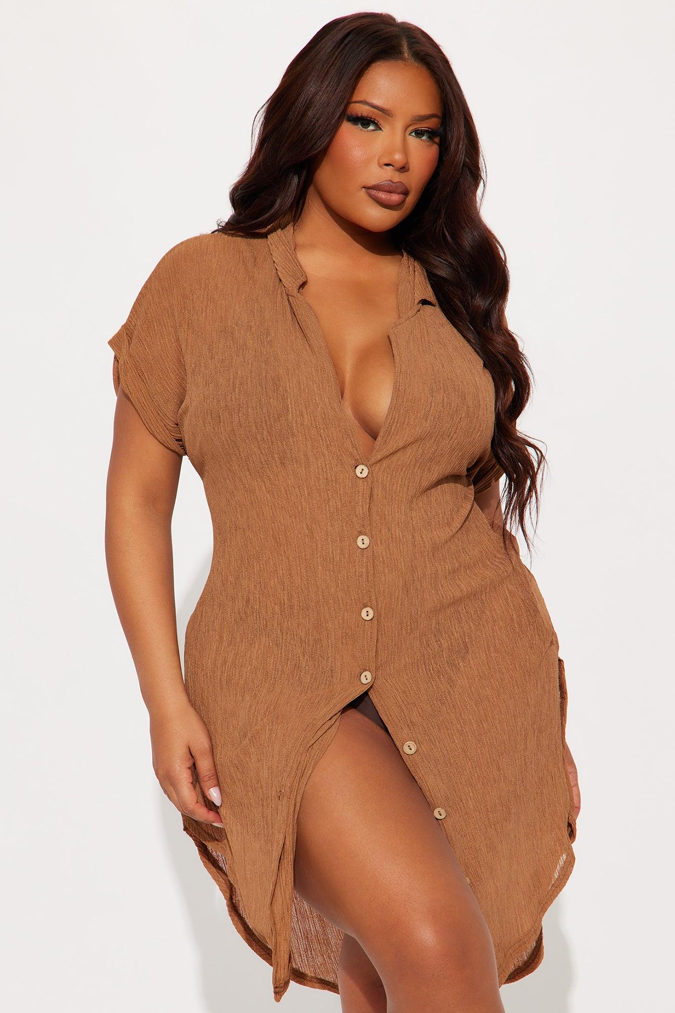 Summer Breeze Button Up Plisse Cover Up Shirt Dress- Mocha Product Image
