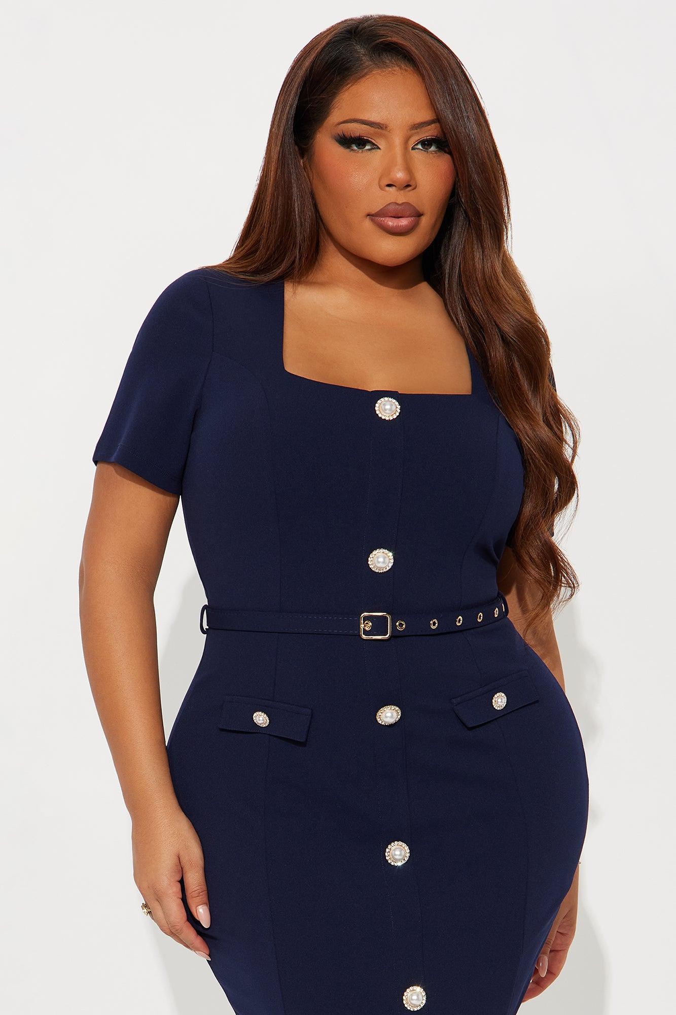 Maren Short Sleeve Belted Midi Dress - Navy Female Product Image