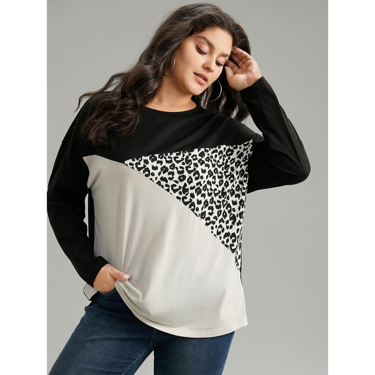 Plus Size Leopard Print Colorblock Patchwork T-shirt Black Women Casual Contrast Patchwork Round Neck Dailywear T-shirts BloomChic 28/5X Product Image
