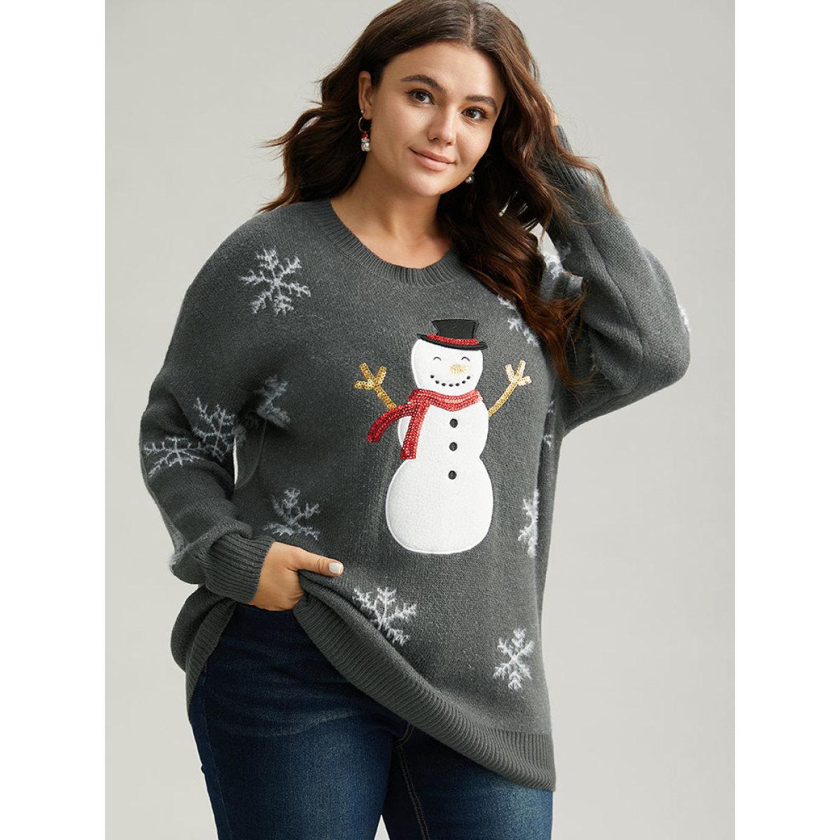 Plus Size Sequin Christmas Graphic Drop Shoulder Pullover DimGray Women Casual Loose Long Sleeve Round Neck Festival-Christmas Pullovers BloomChic 28/5X Product Image