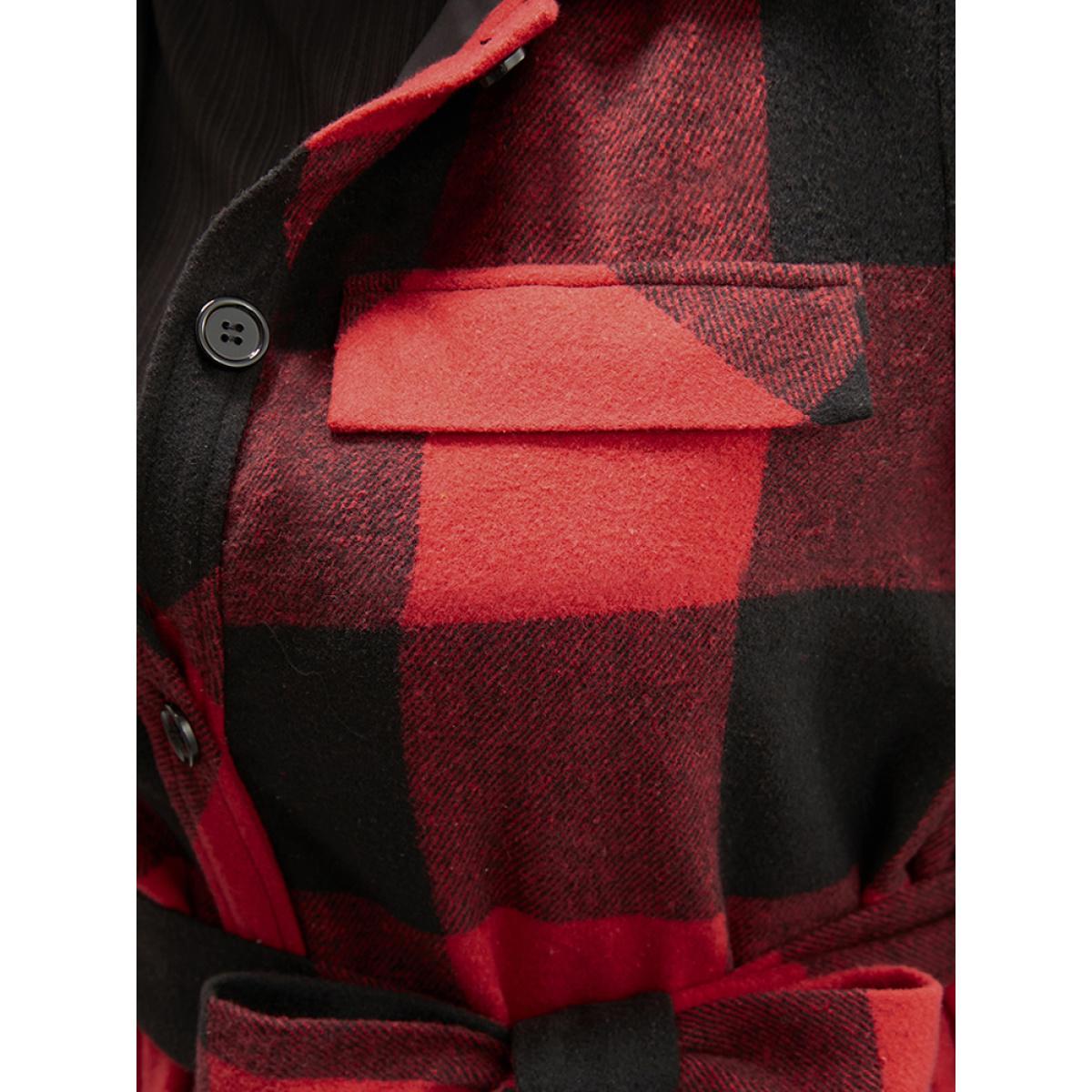 Plus Size Plaid Pocket Button Up Belted Coat Women Red Elegant Cross straps Ladies Dailywear Winter Coats BloomChic 26/4X Product Image