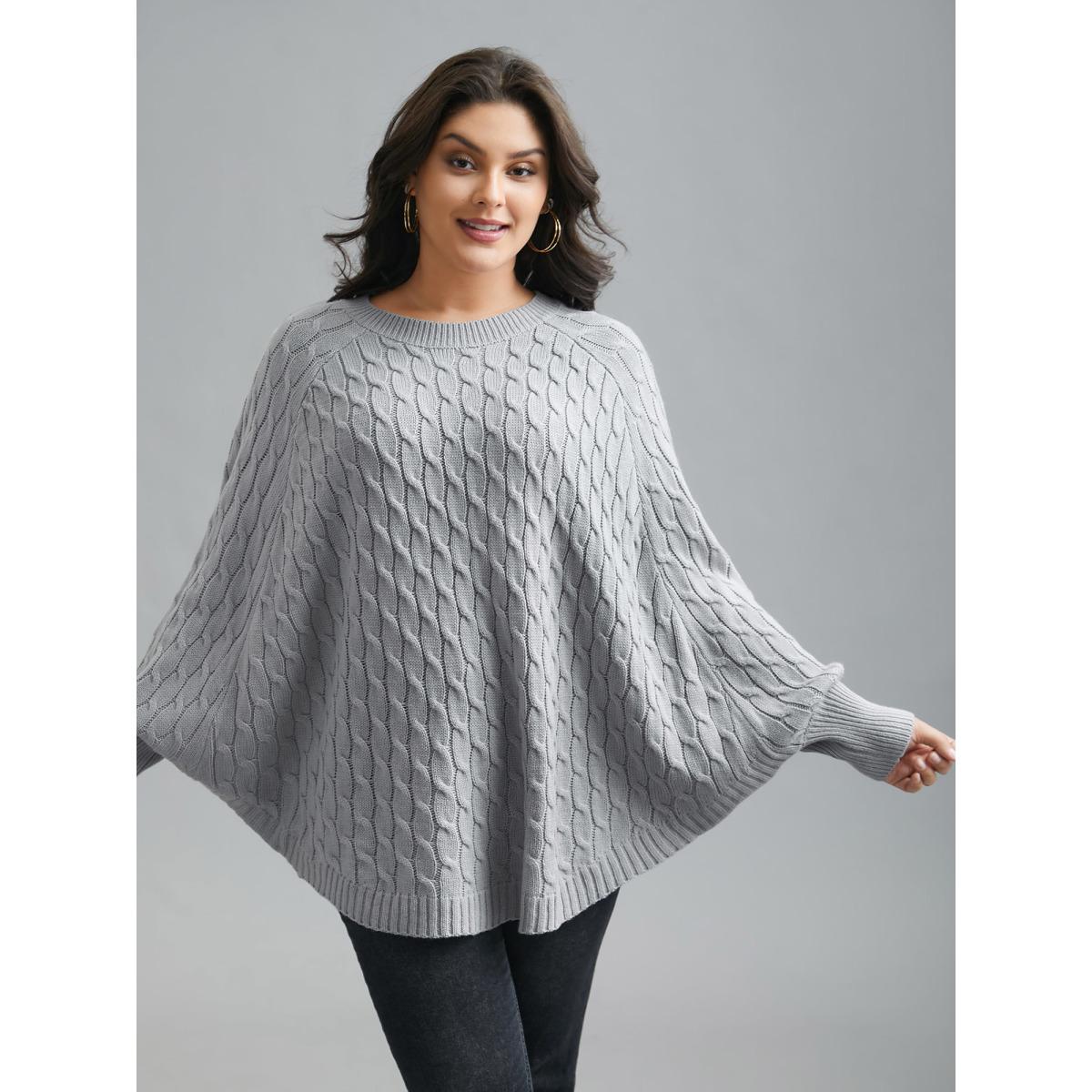 Plus Size Cable Knit Dolman Sleeve Curved Hem Pullover LightGray Women Leisure Loose Long Sleeve Round Neck Casual Pullovers BloomChic 14-16/1X Product Image
