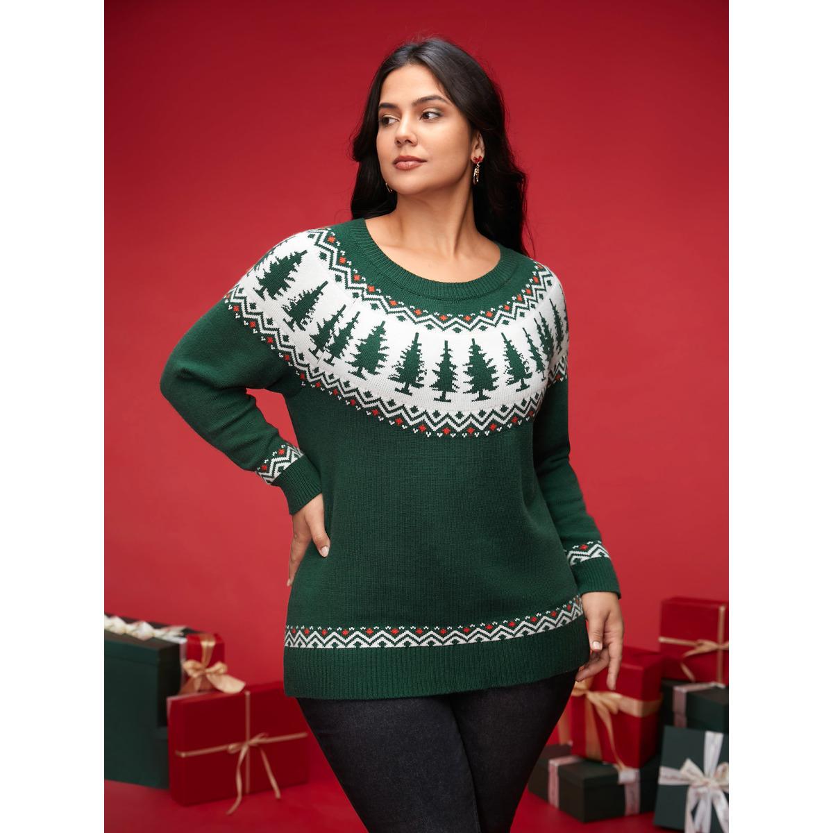 Plus Size Supersoft Essentials Festive Knit Pullover DarkGreen Women Casual Loose Long Sleeve Round Neck Everyday Pullovers BloomChic 18-20/2X Product Image