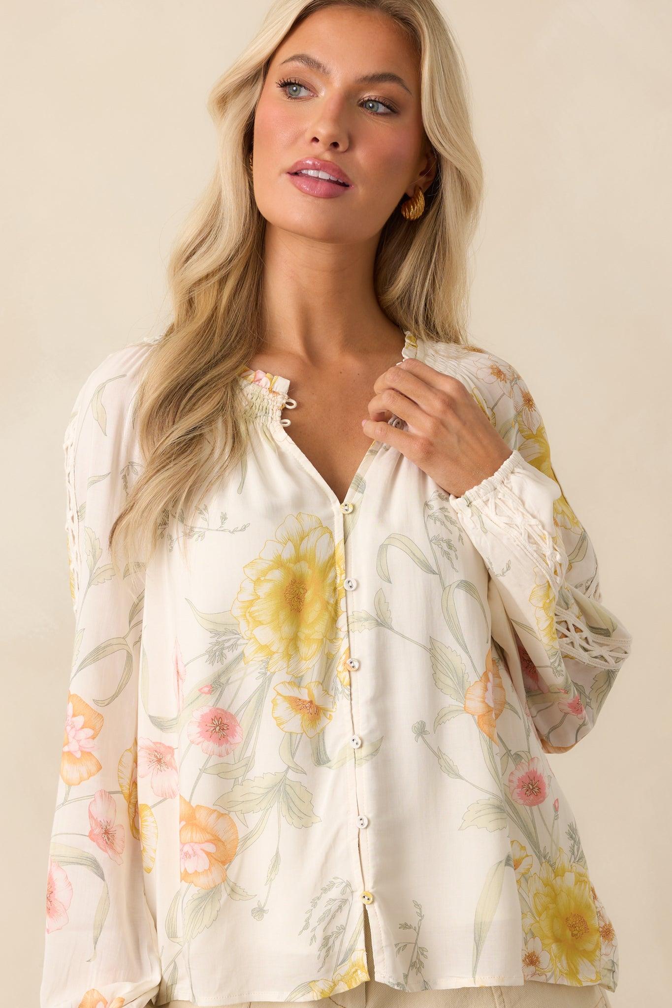 Just Winging It Ivory Multi Floral Print Rayon Long Sleeve Blouse Product Image