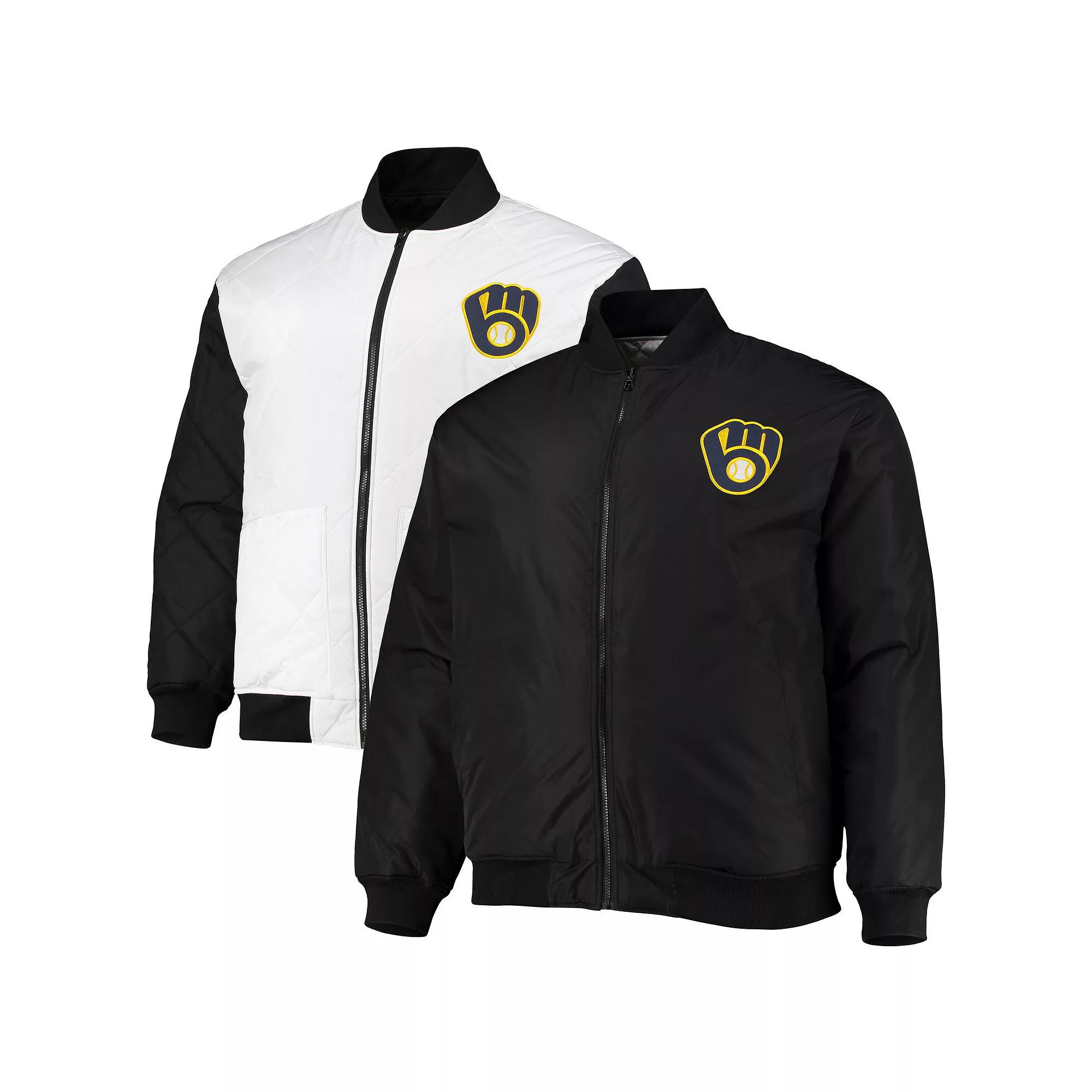 Men's White/Black Milwaukee Brewers Reversible Satin Full-Zip Jacket, Size: 3XB Product Image