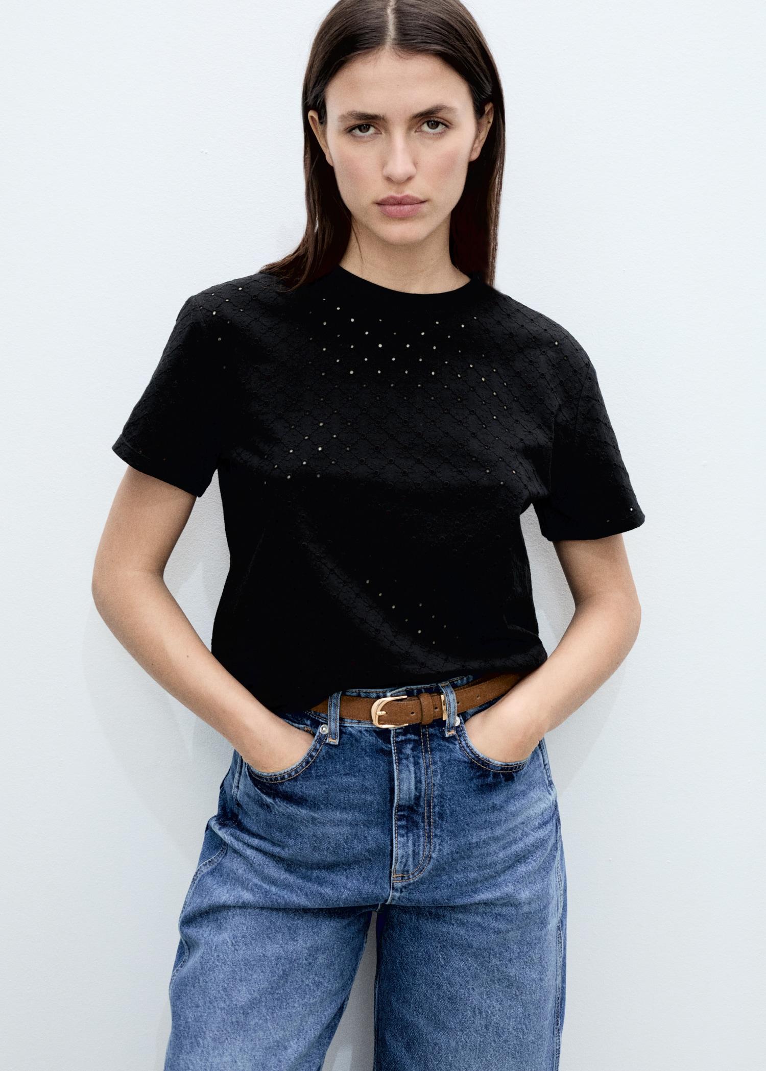 Embroidered openwork t-shirt - Women | MANGO USA Product Image