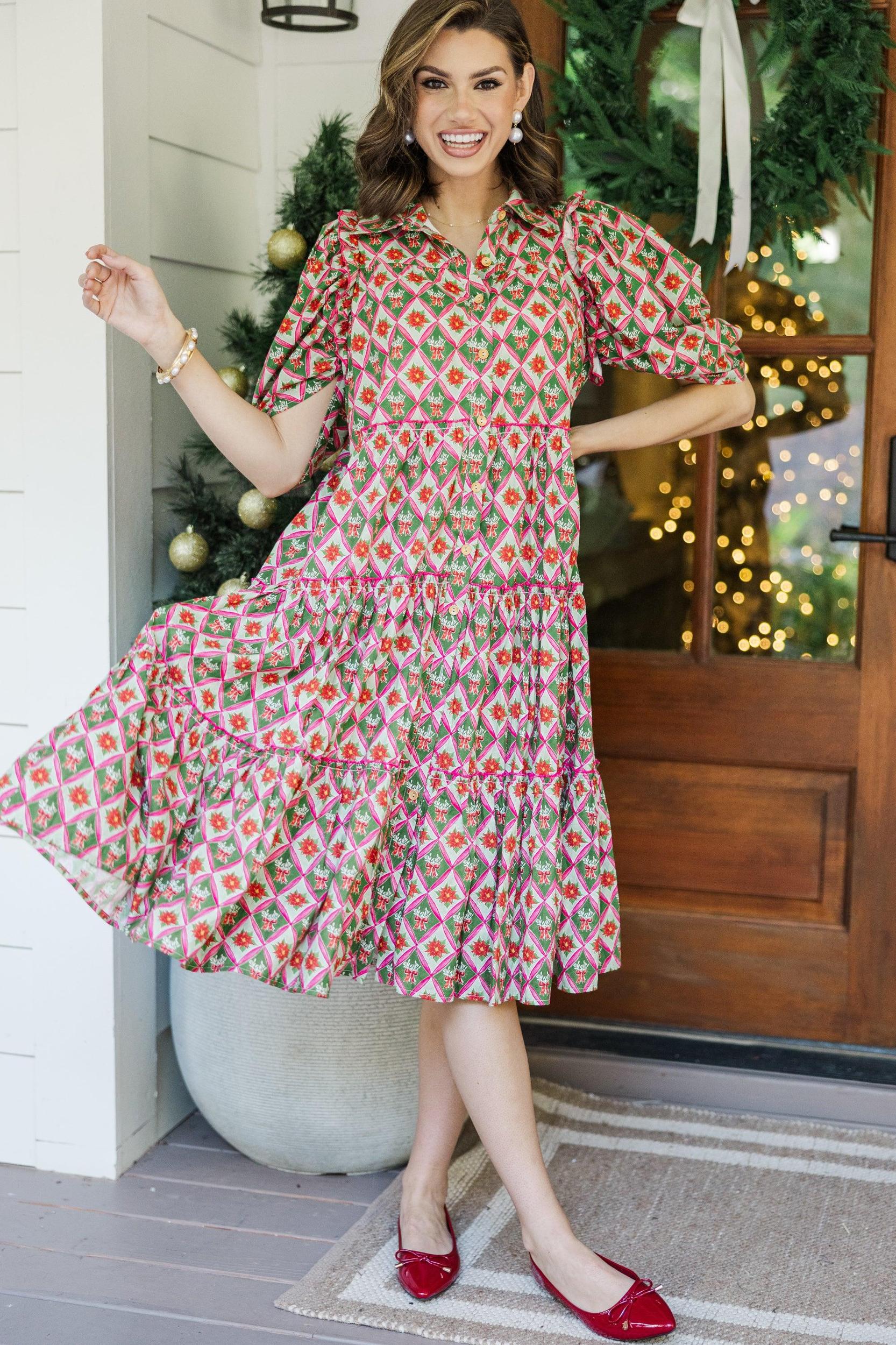 Run To You Green Holiday Medallion Print Midi Dress Female Product Image