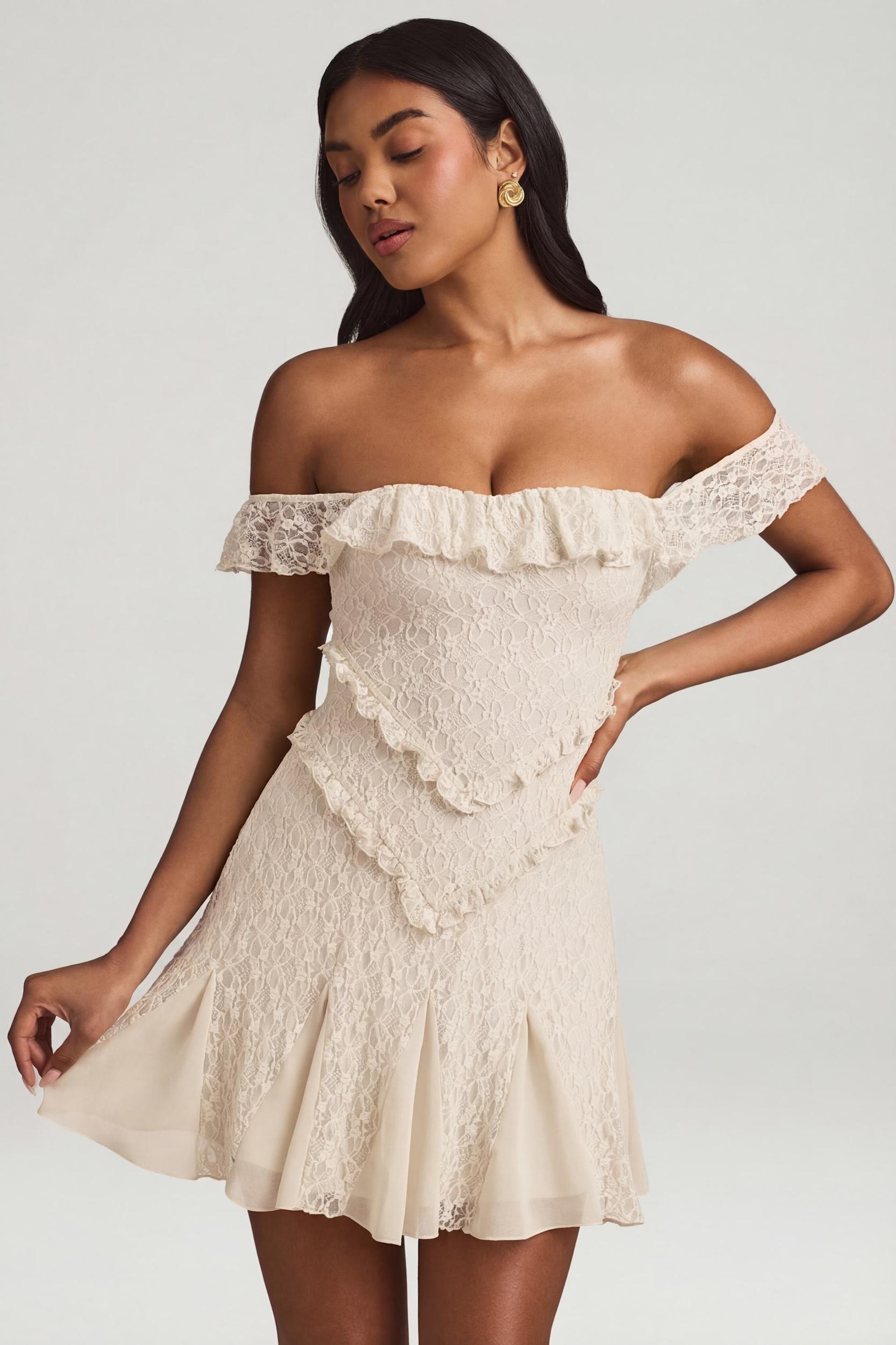 Off-Shoulder Lace A-Line Mini Dress in Ivory Product Image