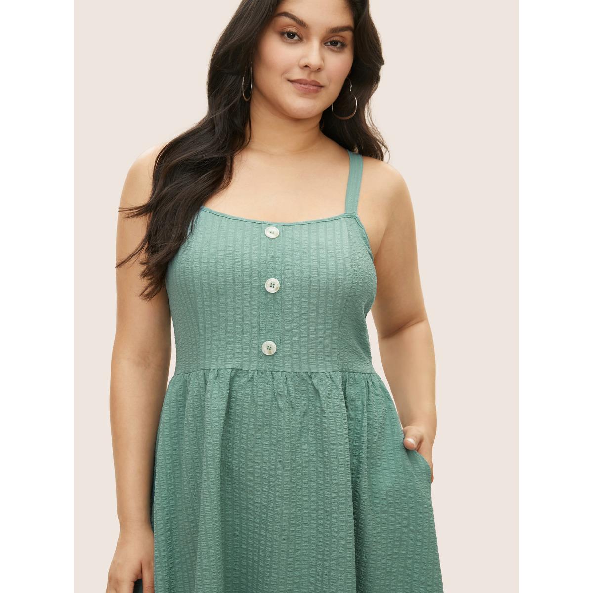 Plus Size Plain Texture Button Detail Cami Dress Teal Women Casual Texture Non Sleeveless Curvy Midi Dress BloomChic 12/L Product Image