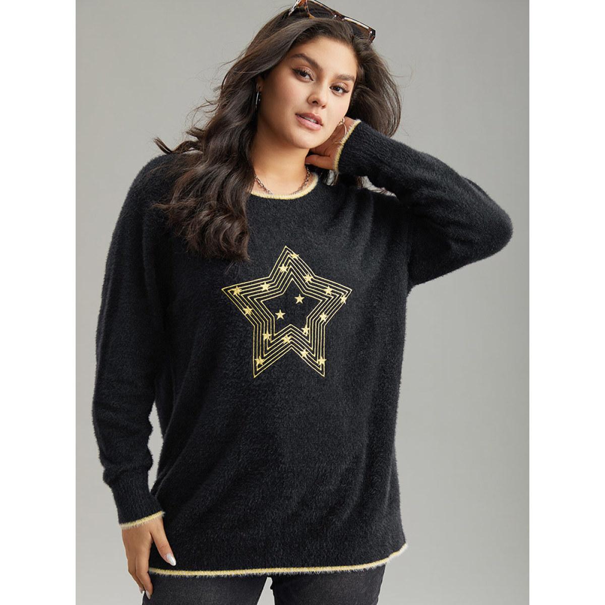 Plus Size Star Embroidered Contrast Trim Pullover Black Women Casual Loose Long Sleeve Round Neck Dailywear Pullovers BloomChic 30/6X Product Image