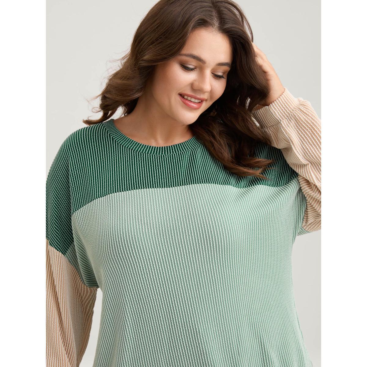 Plus Size Color Block Textured Drop Shoulder Sweatshirt Women Mint Leisure Round Neck Casual Sweatshirts BloomChic 30/6X Product Image