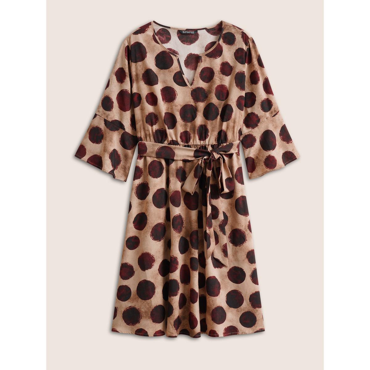 Plus Size Geometric Notched Bell Sleeve Belted Dress Russet Women At the Office Non Notched collar Elbow-length sleeve Curvy Midi Dress BloomChic 22-24/3X Product Image