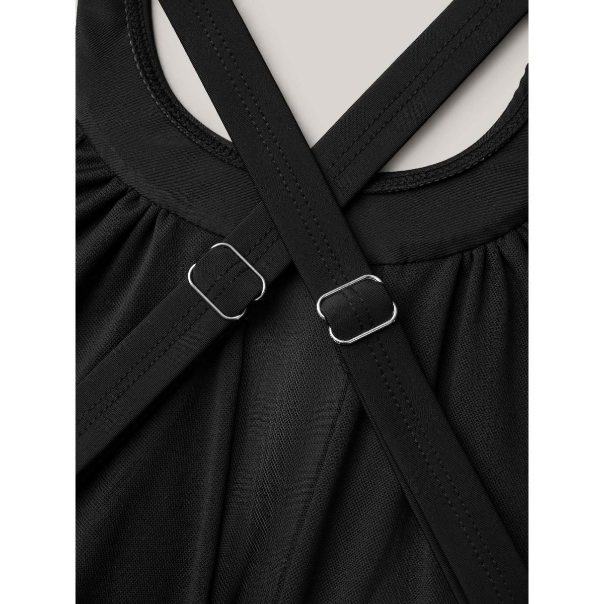 Plus Size Sheer Ruched Adjustable Straps Swim Top Women's Swimwear Black Resort Gathered High stretch Skinny Round Neck Curve Swim Tops BloomChic 18-20/2X Product Image