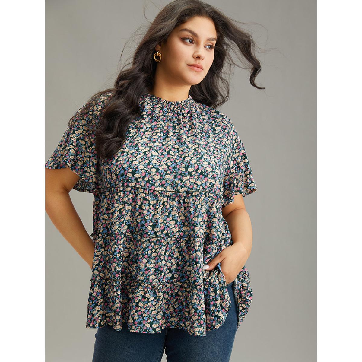 Plus Size DarkGreen Ditsy Floral Frill Trim Shirred Mock Neck Blouse Women Elegant Short sleeve Halter neck Dailywear Blouses BloomChic 30/6X Product Image