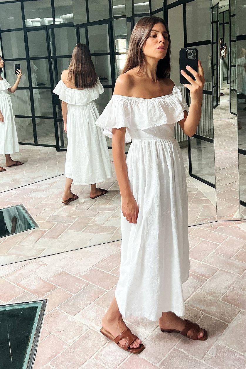 Off Shoulder Anglaise Midi Dress Product Image