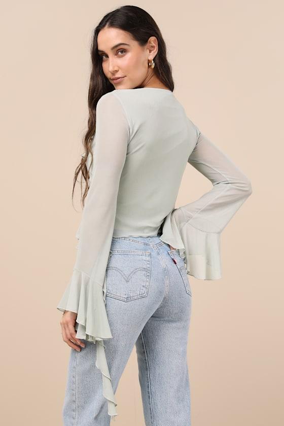 Whimsical Essence Mint Blue Ruffled Tie-Front Bell Sleeve Top Product Image