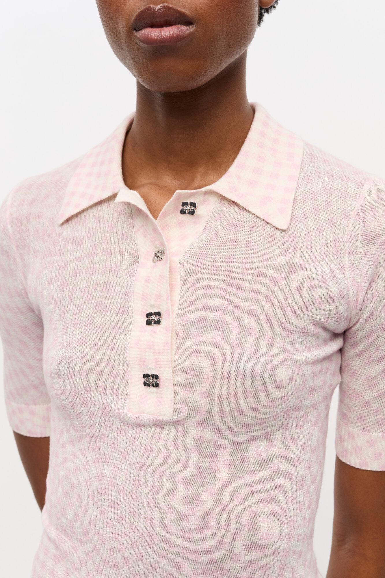 Pink Sheer Cotton Printed Polo Shirt Product Image