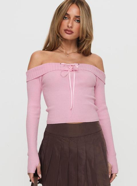 Nighttime Off Shoulder Knit Top Pink Product Image