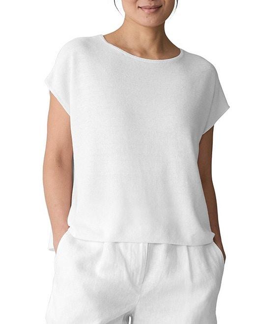 Eileen Fisher Textural Organic Linen Blend Knit Blend Crew Neck Short Sleeve Boxy Sweater Product Image