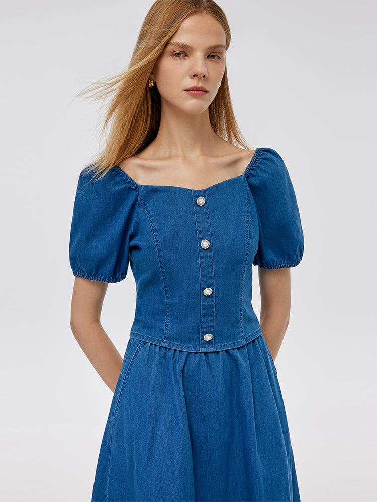 Denim Puff Sleeves Top And A-Line Skirt Two-Piece Set Product Image