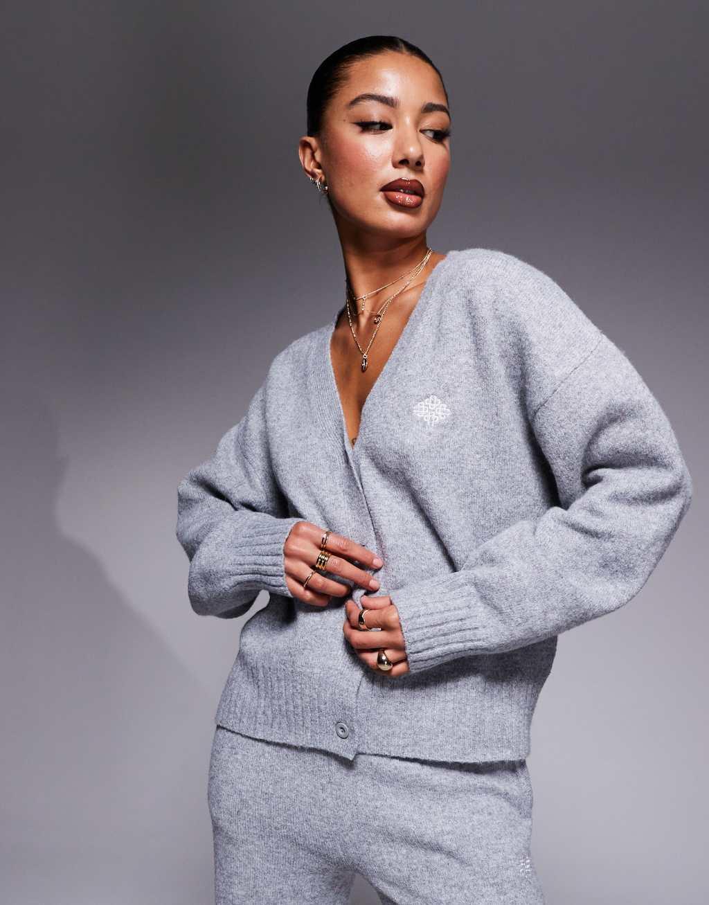 The Couture Club fluffy knit emblem cardigan in gray heather - part of a set Product Image