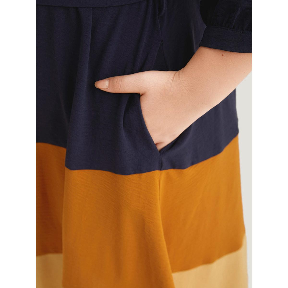 Plus Size Colorblock Contrast Metal Detail Lantern Sleeve Dress Midnight Women Casual Gathered Round Neck Elbow-length sleeve Curvy Midi Dress BloomChic 12/L Product Image