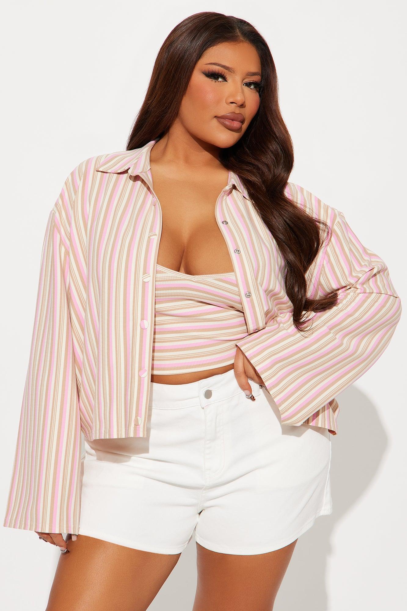 Willow Stripe Tank And Cardigan Top - Pink/combo Product Image