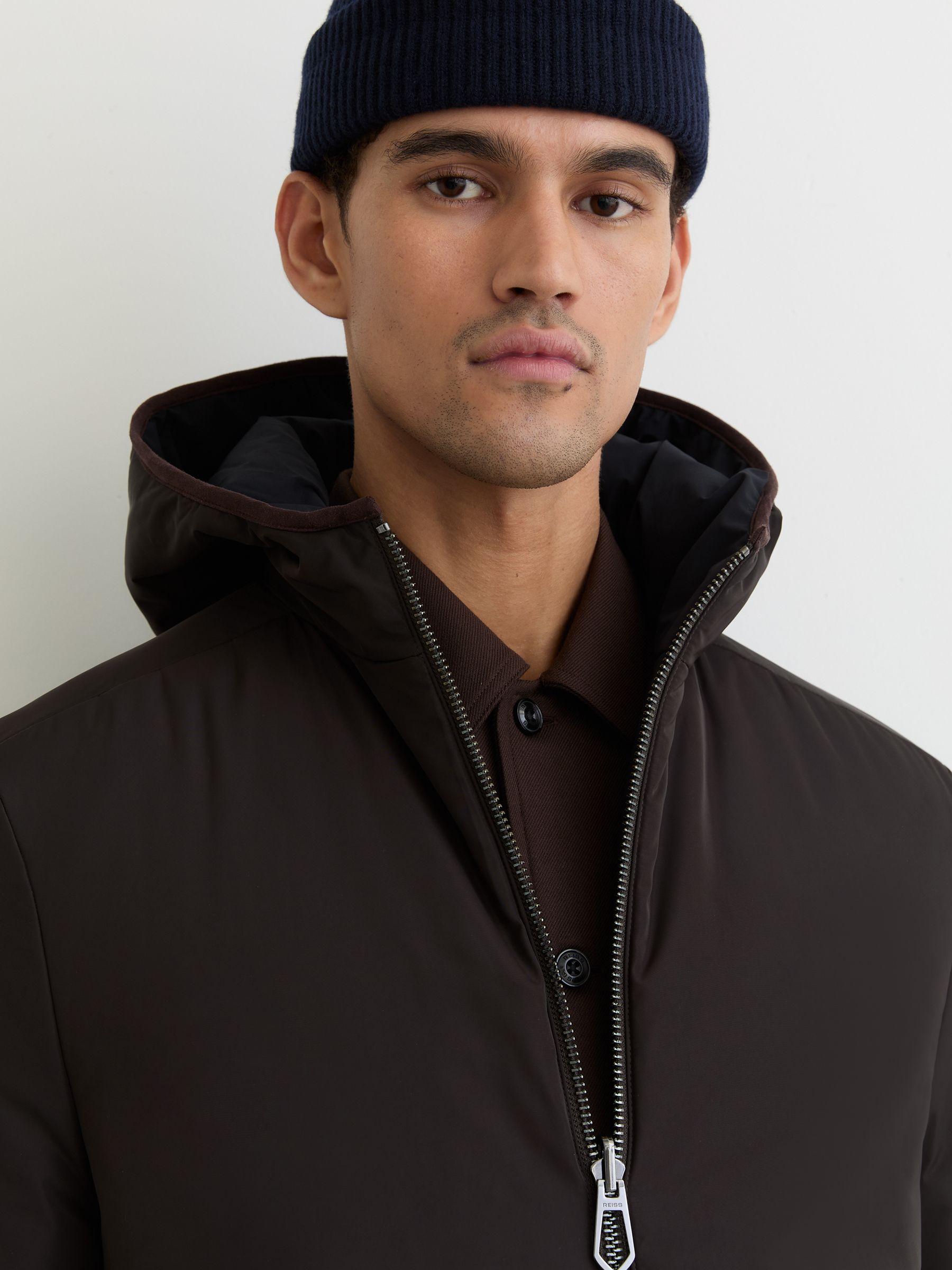 Reversible Hooded Puffer Jacket in Navy/Brown Product Image