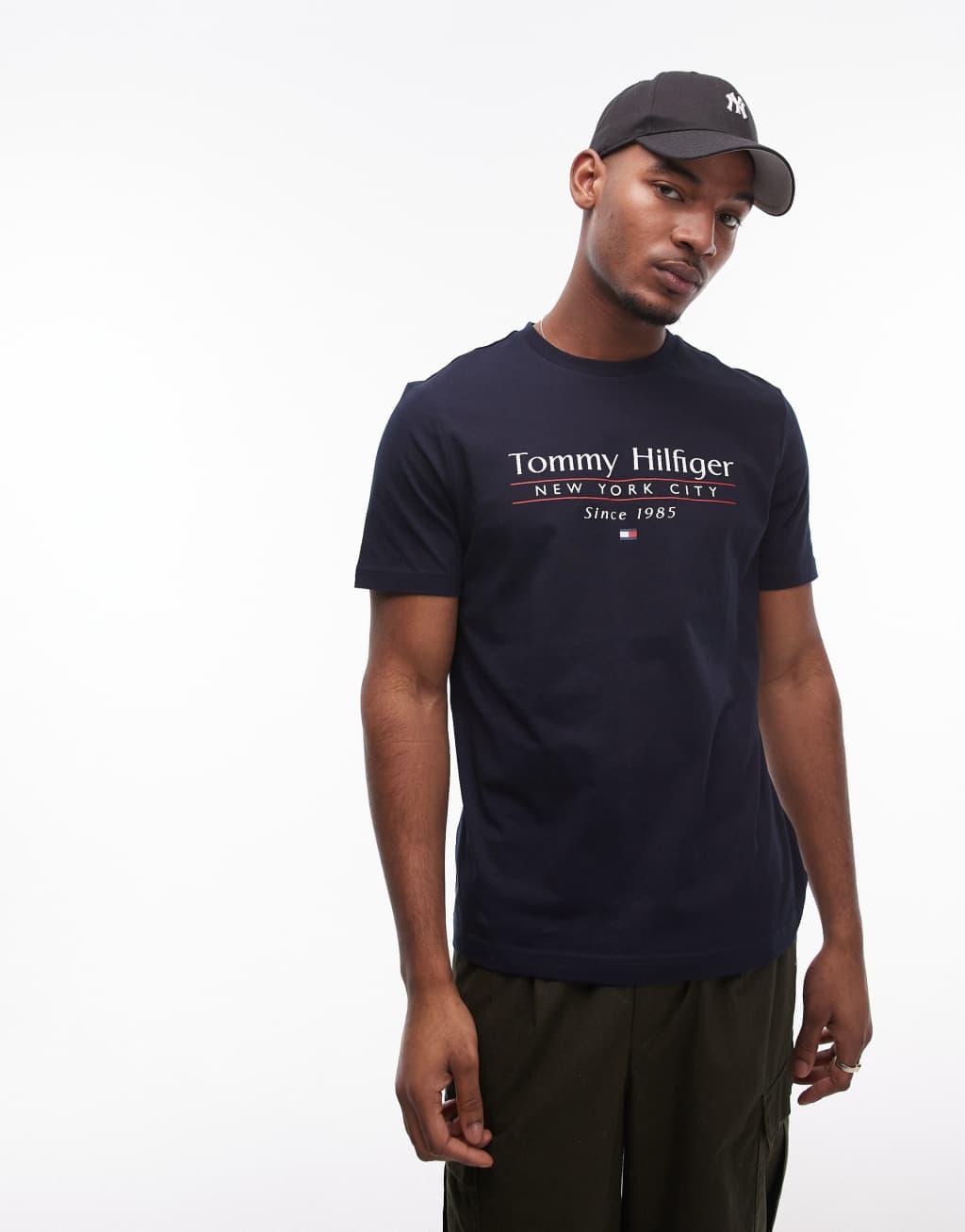 Tommy Hilfiger center stack linear logo t-shirt in black Product Image