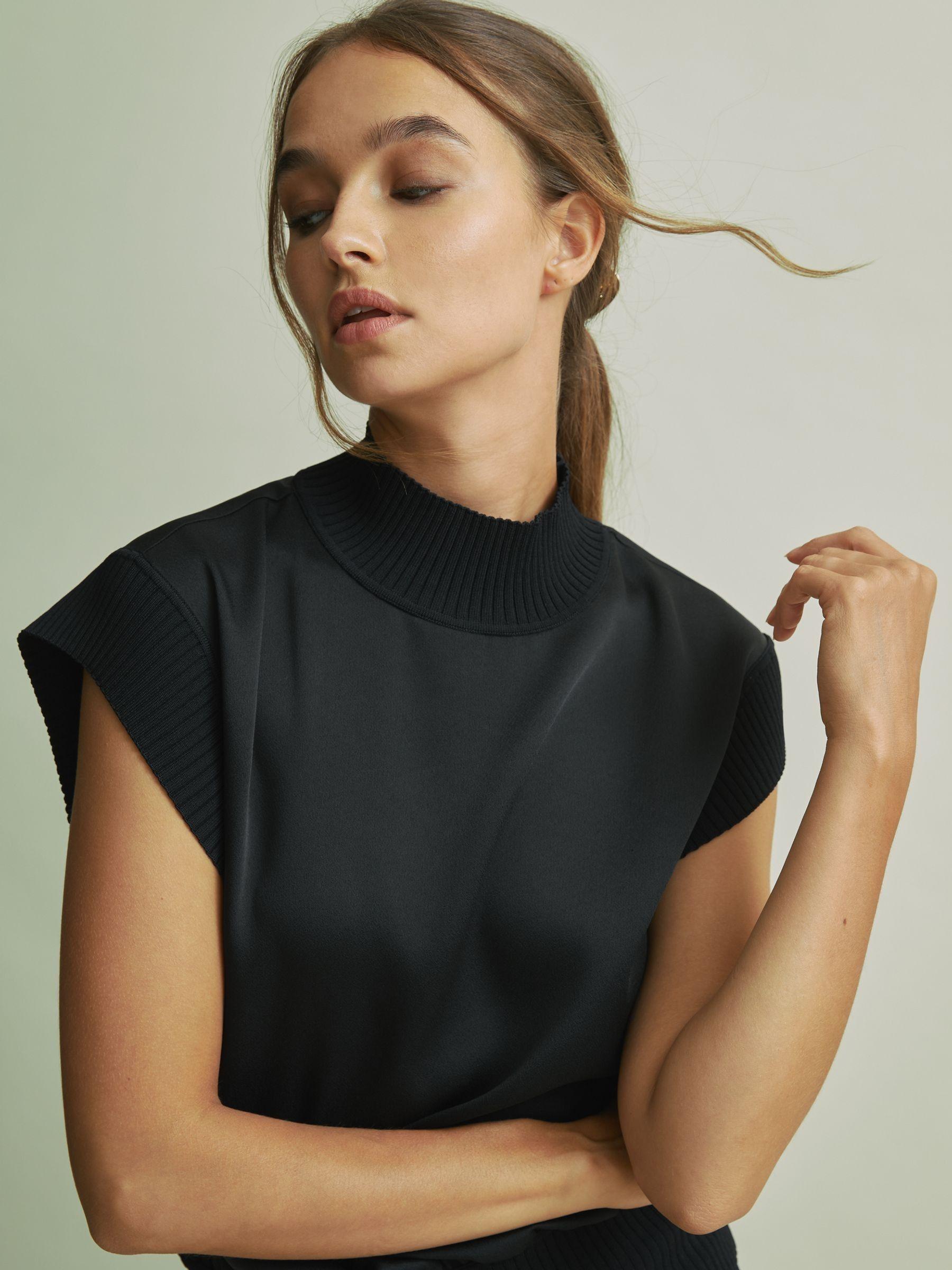 Florere Hybrid Satin Knit Cropped Top in Black Product Image