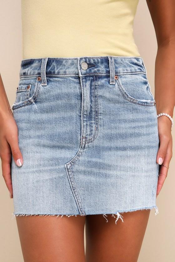 Malibu Medium Wash High-Rise Raw Hem Denim Mini Skirt Product Image