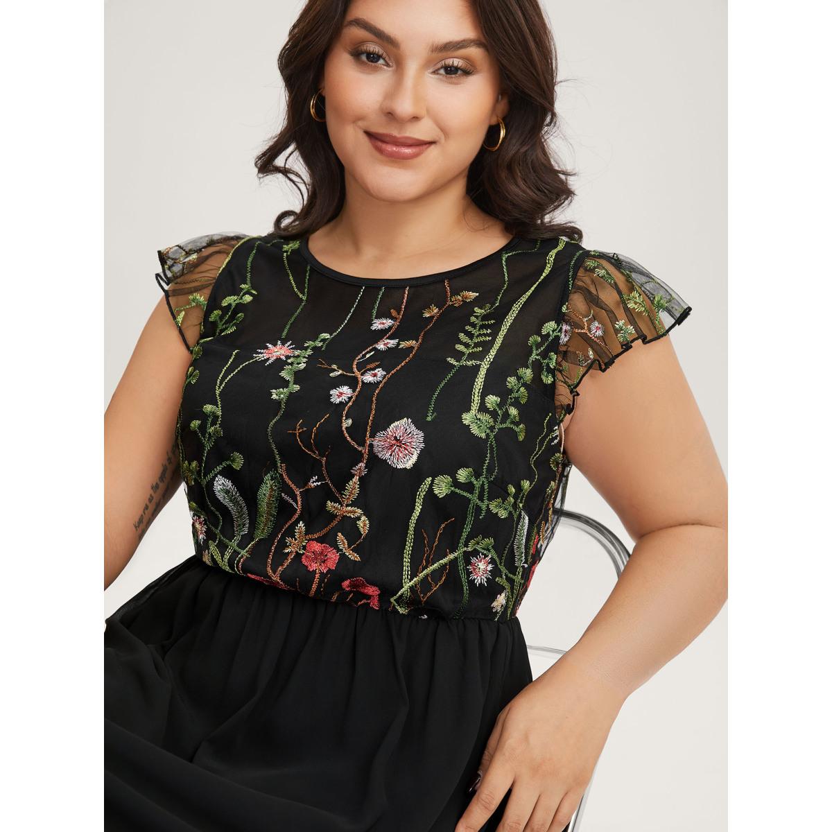 Plus Size Mesh Floral Embroidery Midi Dress Black Women Round Neck Cap Sleeve Curvy BloomChic 18-20/2X Product Image