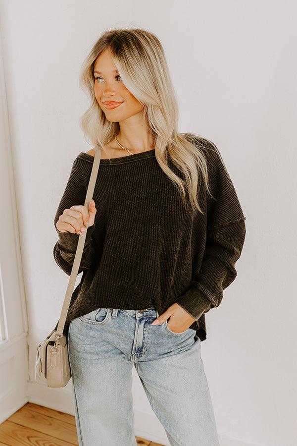 Cozy Couture Waffle Knit Top in Vintage Black Product Image