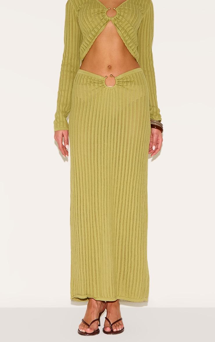 Olive Pointelle Knit Trim Split Maxi Skirt Product Image