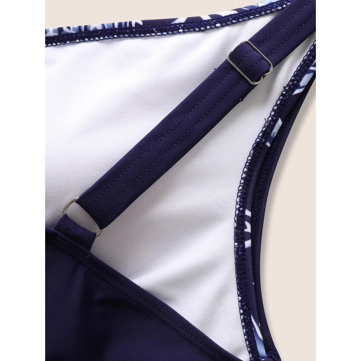 Plus Size Marine Elements Patchwork Tie Knot Swim Top Women's Swimwear Indigo Beach Cross straps High stretch Skinny V-neck Curve Swim Tops BloomChic 26/4X Product Image