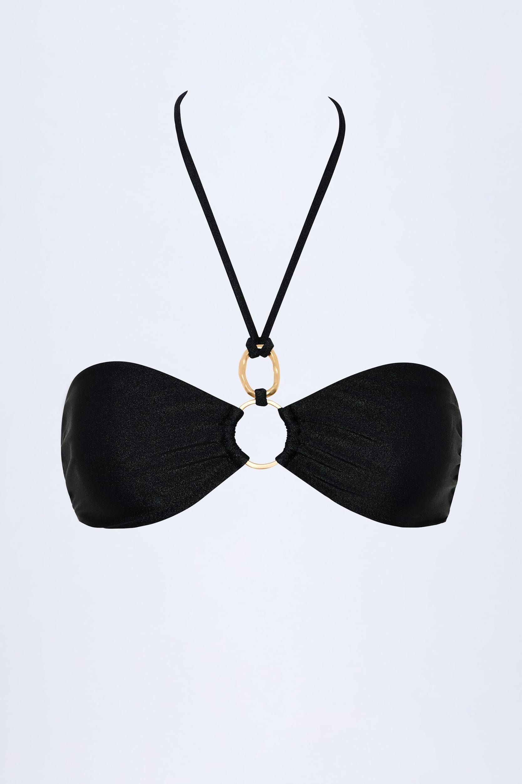 Hardware-Detail Ruched Halterneck Bikini Top in Black Product Image