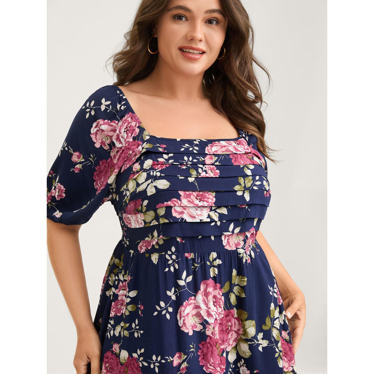 Plus Size Rosy Print Pleated Bust Ease Midi Dress Indigo Women Gathered Square Neck Short sleeve Curvy BloomChic 14-16/1X Product Image