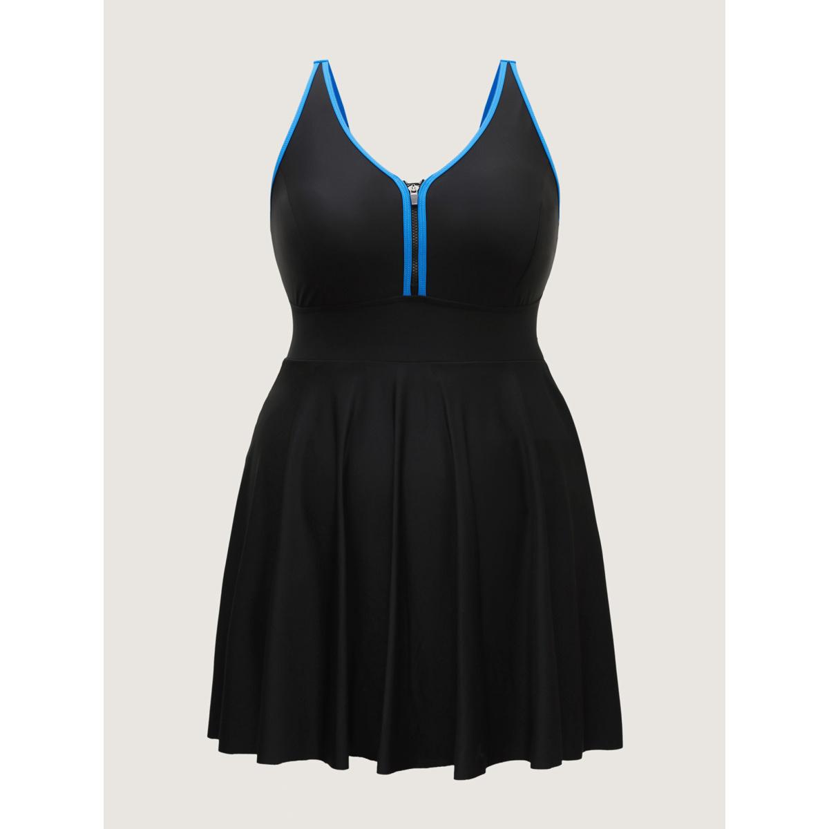 Plus Size Zipper Front Color Contrast Swim Dress Women's Swimwear Black Resort Bodycon V-neck High stretch Curve Swim Dresses BloomChic 10/M Product Image